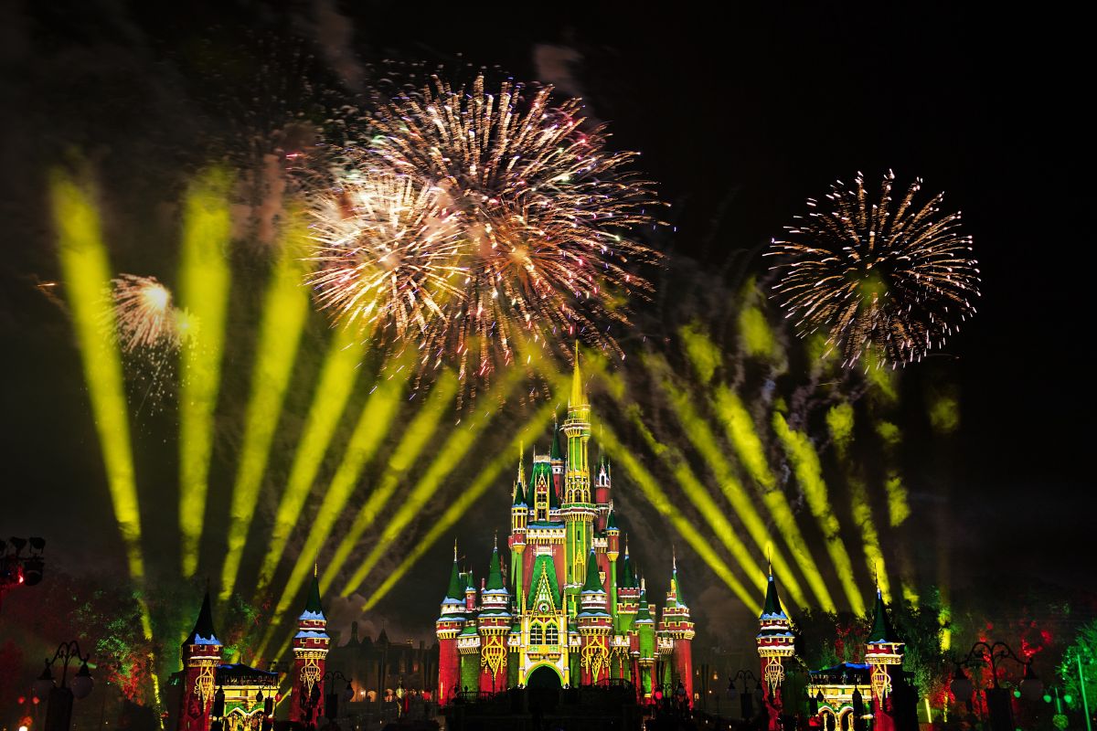 Fireworks burst above Cinderella Castle at Magic Kingdom Park during a nighttime spectacular, with colorful projections lighting up the castle — one more reason a full day at this park is worth it.